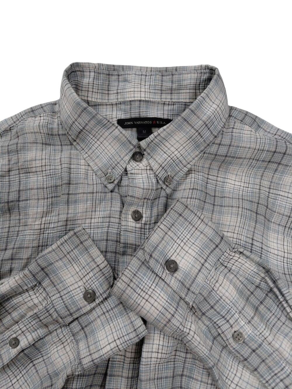 John Varvatos Linen Button Up Shirt Mens SZ M Plaid Roll Up Long Sleeve Beach